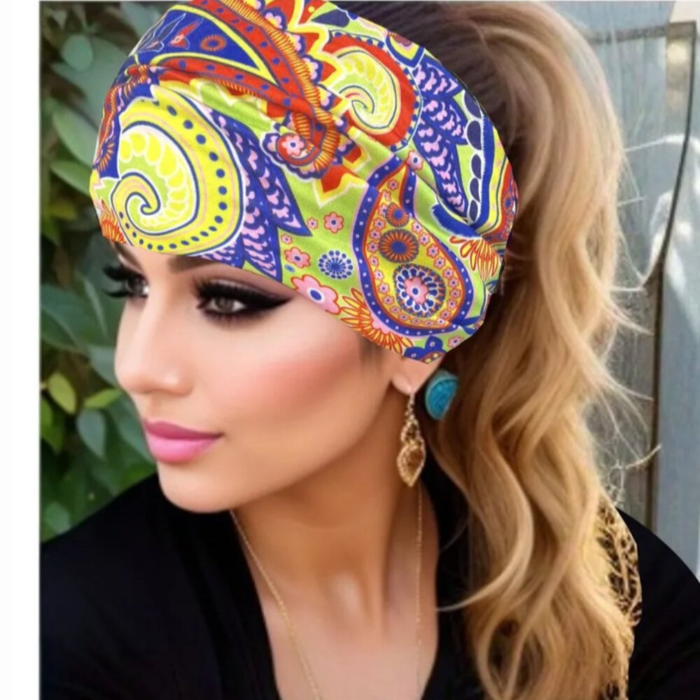 NEW Yellow and Blue Bright Paisley Print Wide Headband